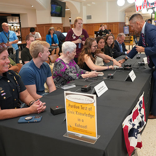 Students discuss the jeopardy game at Purdue's Constitution Day