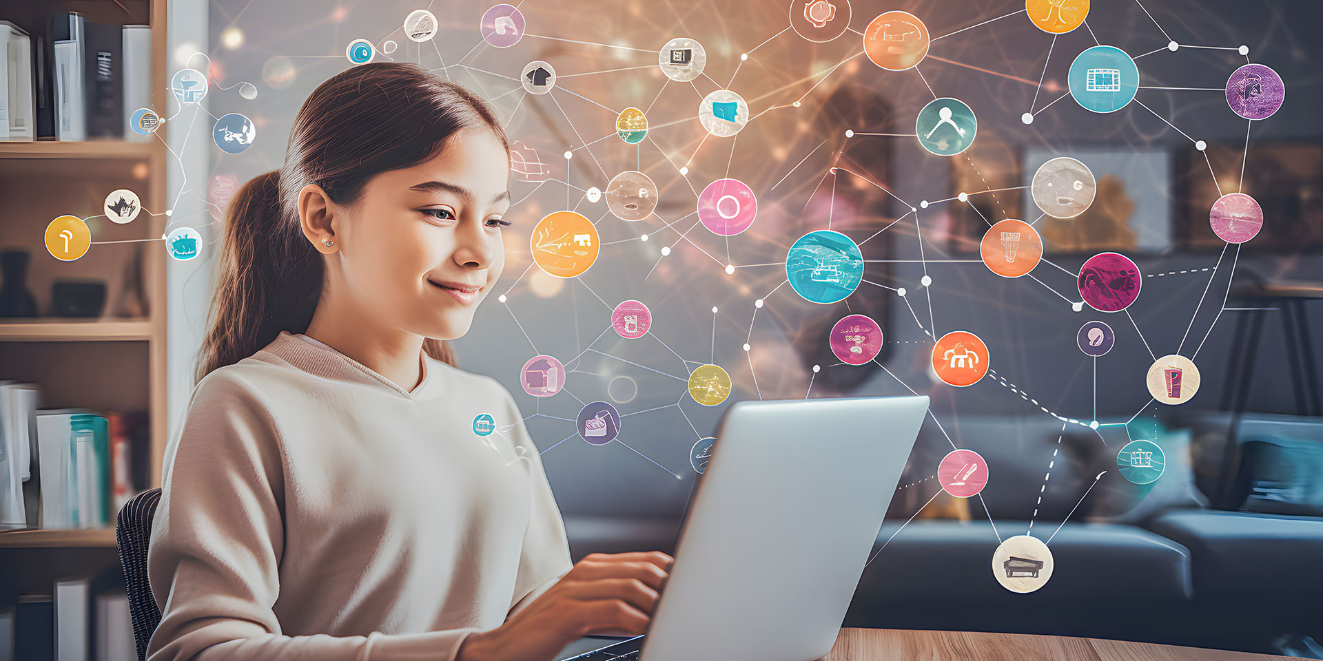 A young female student works on a laptop icons of various things connected by interconnected lines are shown superimposed behind her