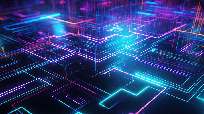 Purple, blue, white and pink lines intersect to form a circut board