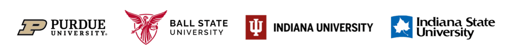 The logos for Purdue University, Ball State University, Indiana University, and Indiana State University.