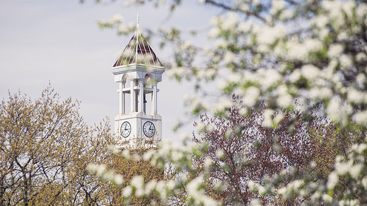 A view of Purdue University's Bell Tower through trees with spring blossoms