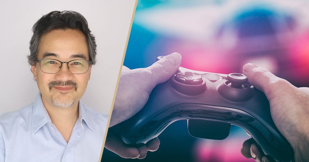 Combination graphic of Bill Watson's headshot and a pair of hands holding a gaming controller.