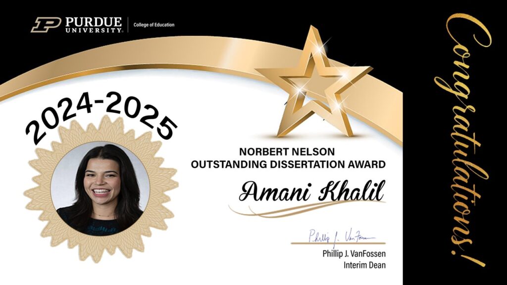 Amani Khalil Norbert Nelson Outstanding Dissertation Award certificate