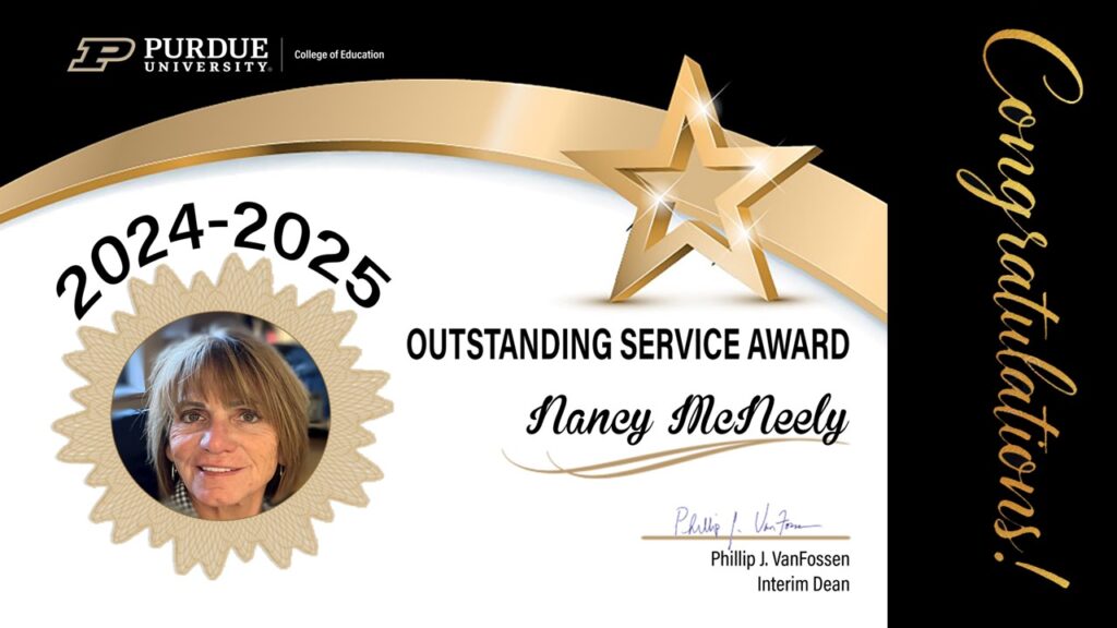 Nancy McNeely Outstanding Service Award certificate