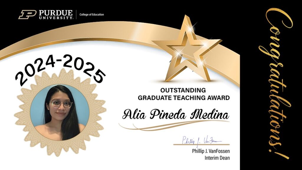 Alia Pineda Medina Outstanding Graduate Student Teaching Award certificate