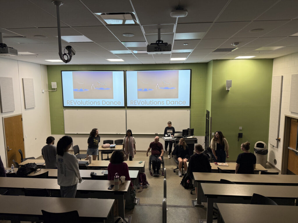 In Price’s Adaptive P.E. class at Purdue, Scheuneman, Laukkanen, and Hernandez lecture on inclusion in sport and movement