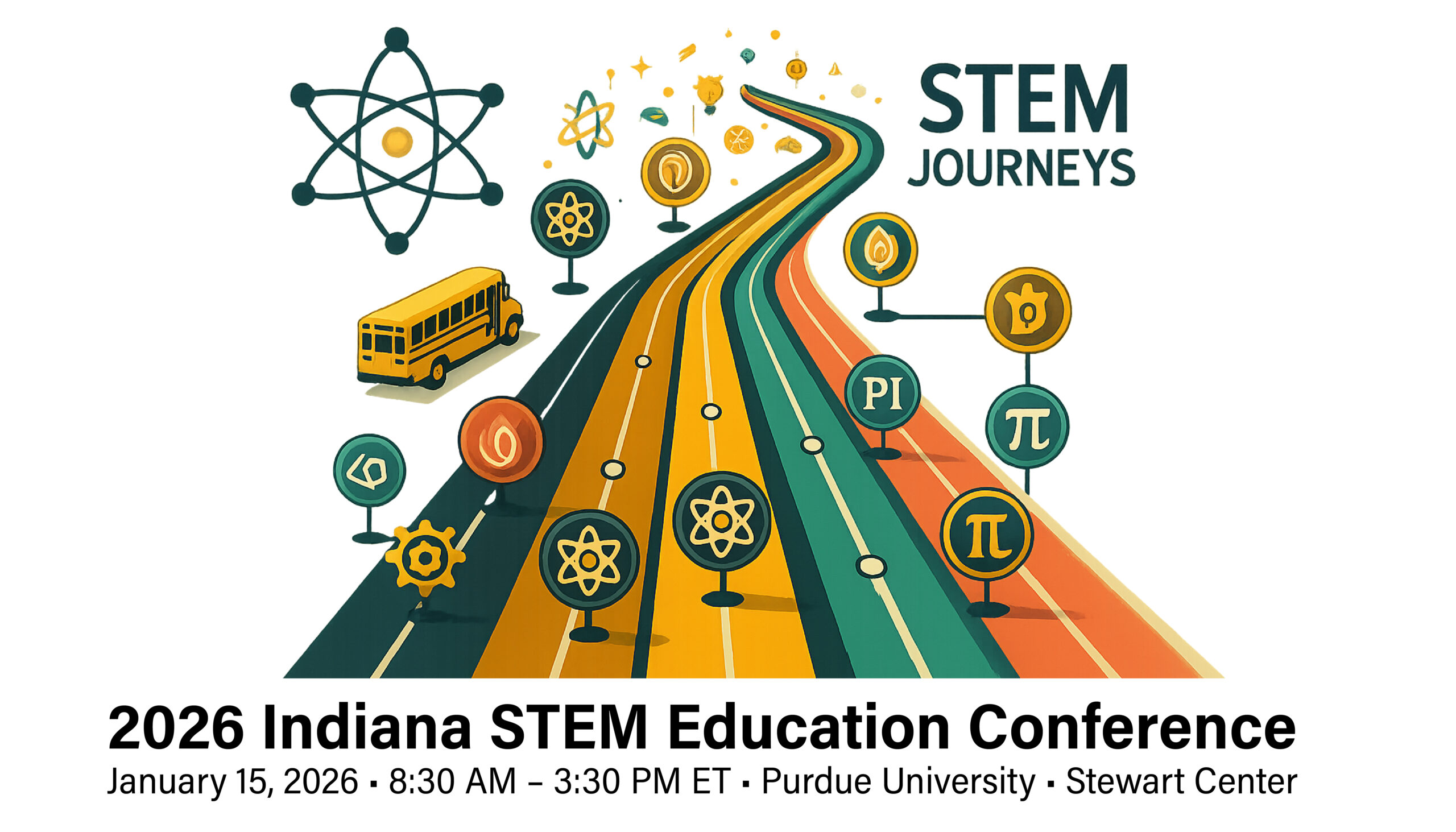 A graphic of a multicolored pathway with various science symbols.