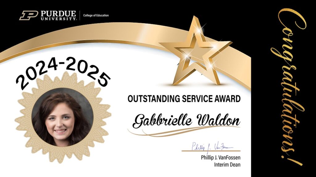 Gabbrielle Waldon Outstanding Service Award certificate