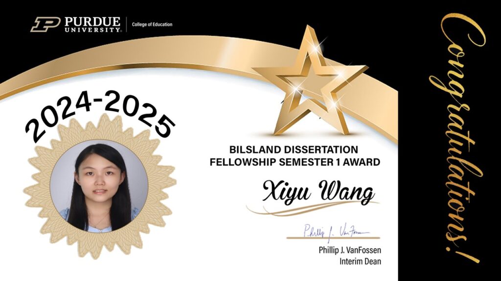 Xiyu Wang Bilsland Dissertation Fellowship certificate