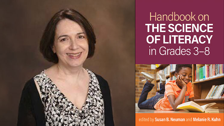 Melanie Kuhn next to the cover art for her new book titled, Handbook on the Science of Literacy in Grades 3–8.
