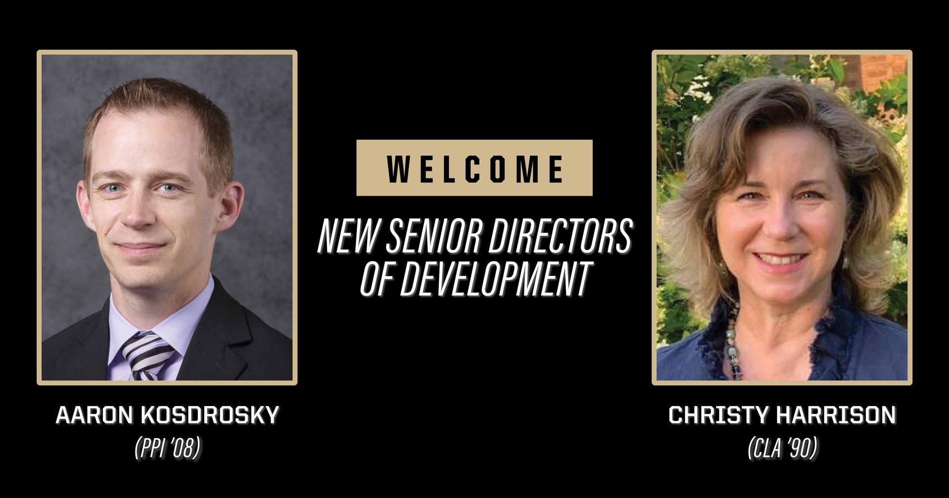 Headshots of Aaron Kosdrosky and Christy Harrison on a black background with Welcome text in a gold bar between their images