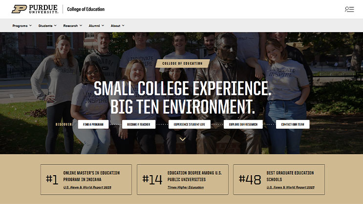A screenshot of the College of Education home page. Highlighted is a photo of undergraduate students with a statue of John Purdue. The words, 
