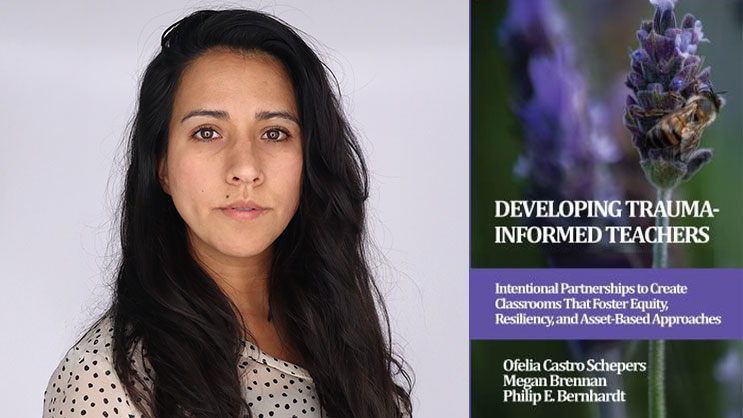 Ofelia Castro Schepers next to the cover of her new book, 