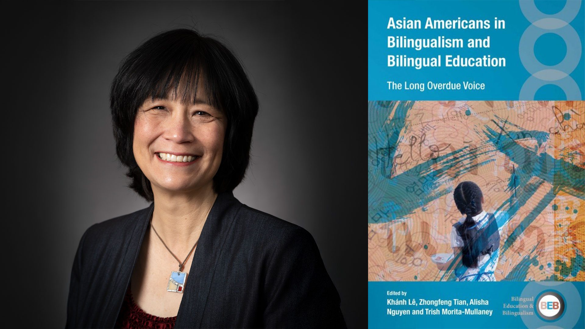 Trish Morita-Mullaney next to the cover for her new book titled, "Asian Americans in Bilingualism and Bilingual Education: The Long Overdue Voice"