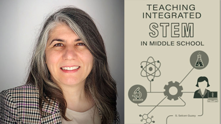 S. Selcen Guzey next to the cover of her new book, titled 