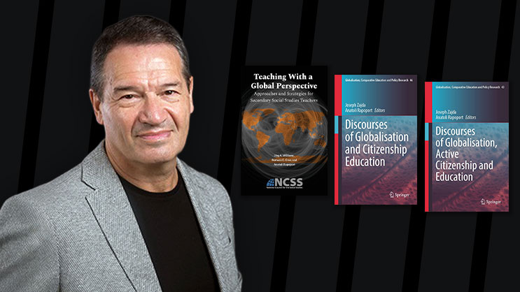 Anatoli Rapoport alongside the covers of his three most recent books.