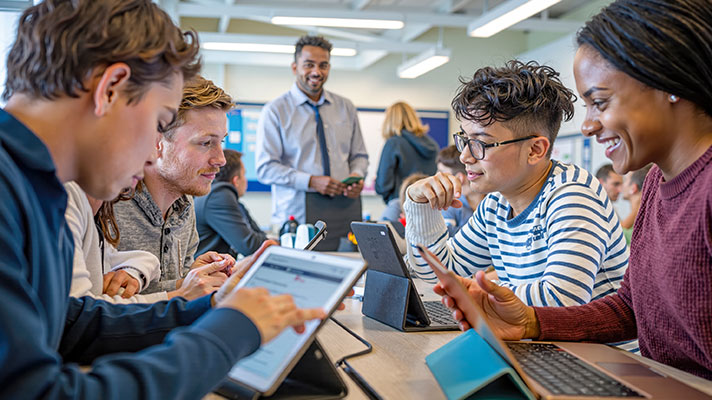 A group of students work with their laptops and tablets.