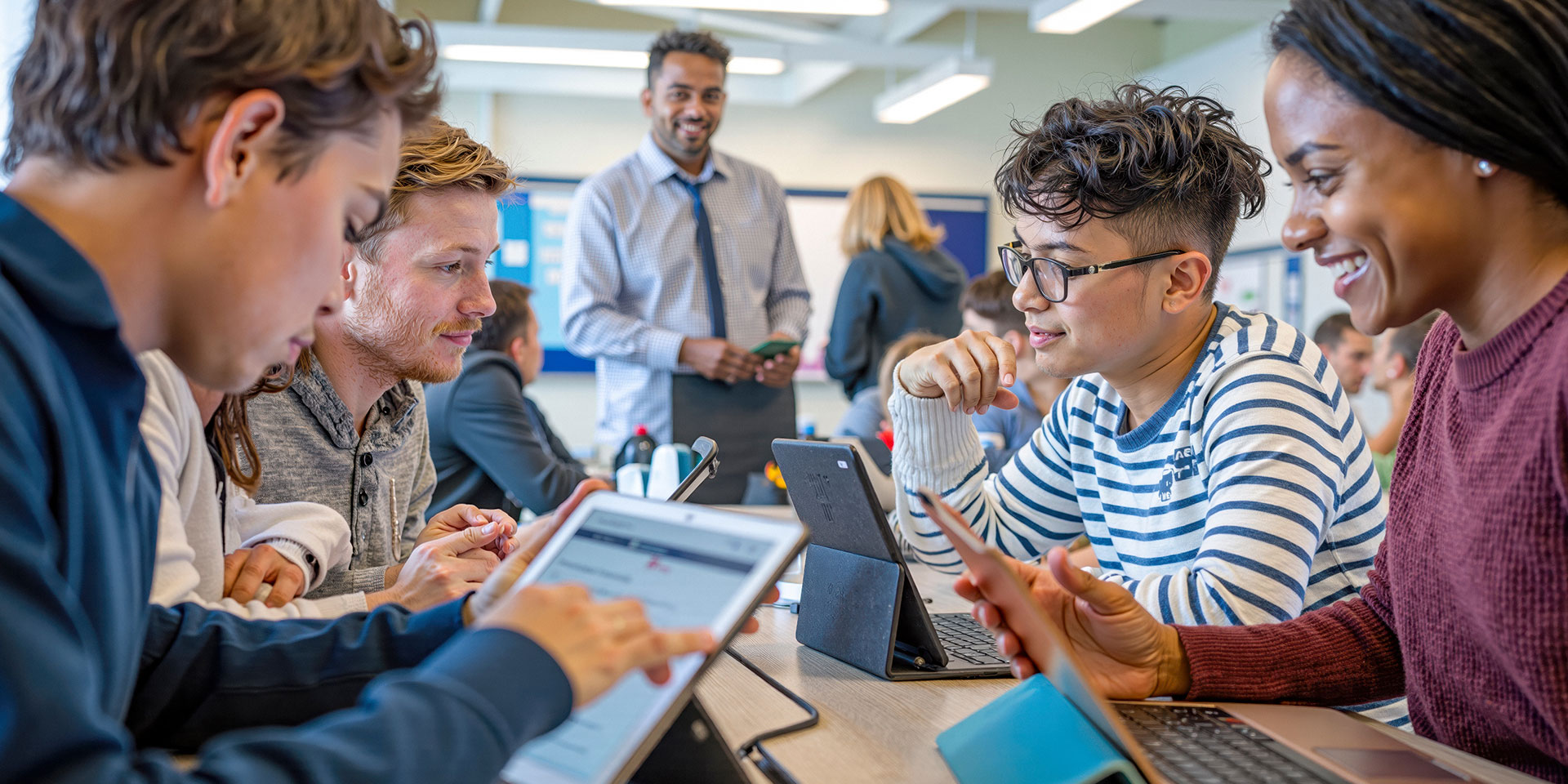 A group of students work with their laptops and tablets.