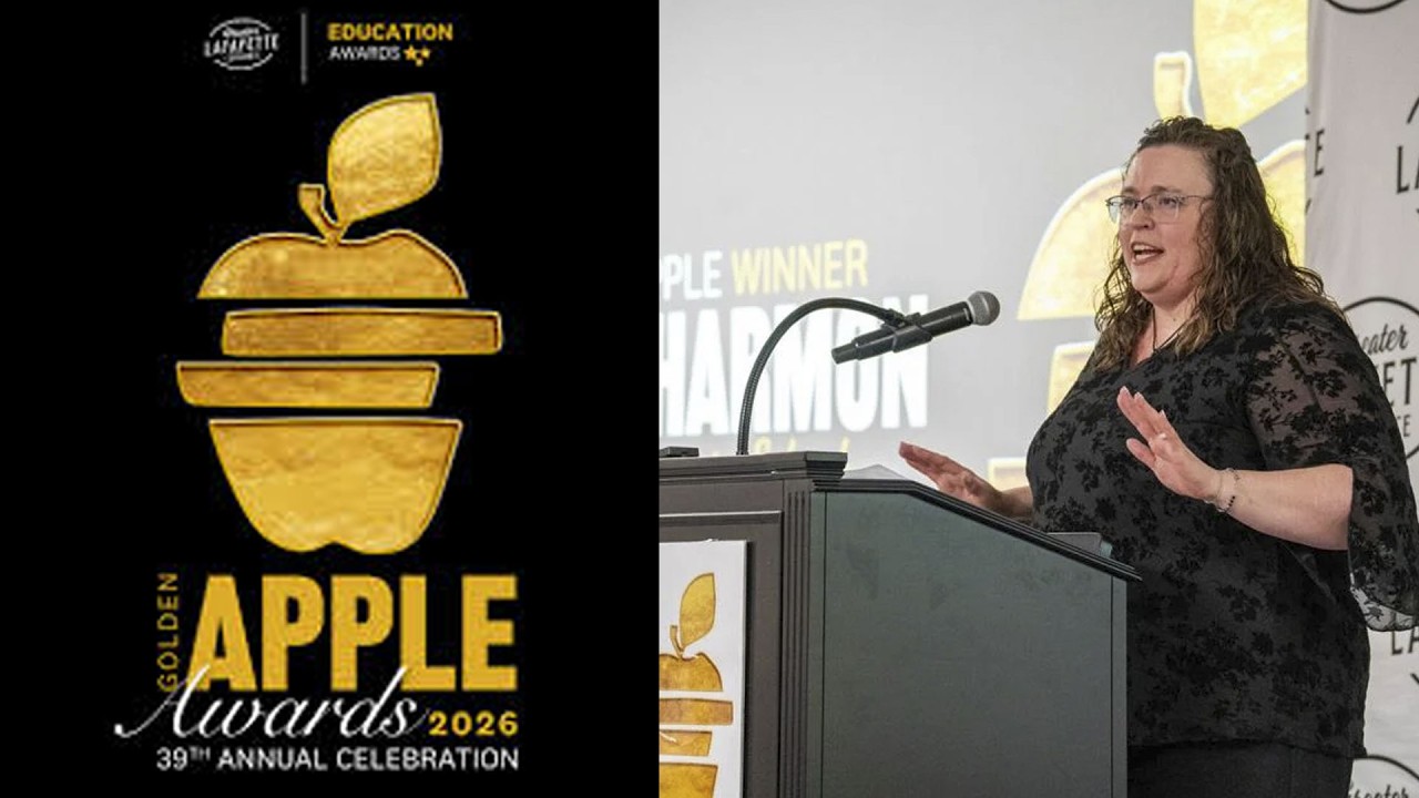 Sarah Harmon speaking at a podium.