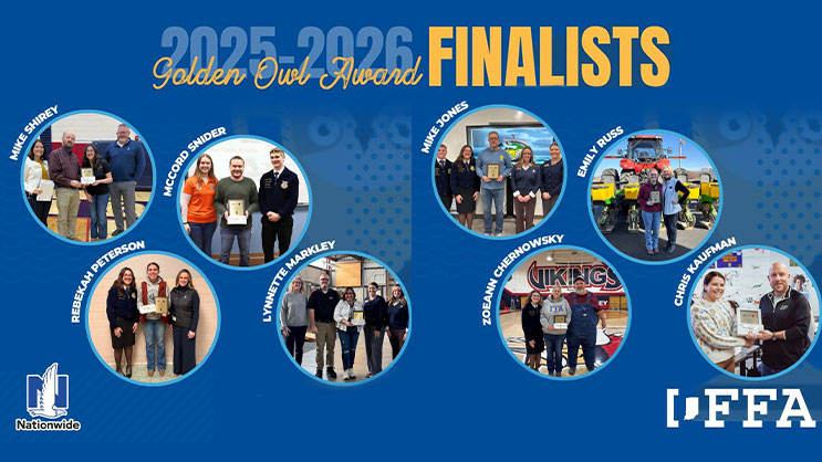 A graphic of the eight 2025-2026 Golden Owl Award Finalists