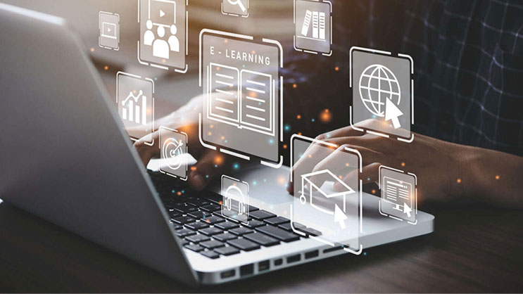 A man types on an open laptop. Above his hands are translucent thought bubbles depicting different graphs and concepts.