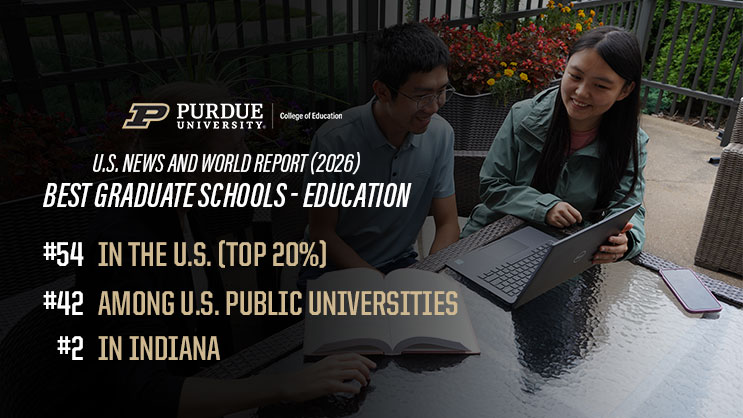 A graphic of a professor and two students seated outside. Overlaid are the 2026 U.S. News and World Report Graduate Rankings.