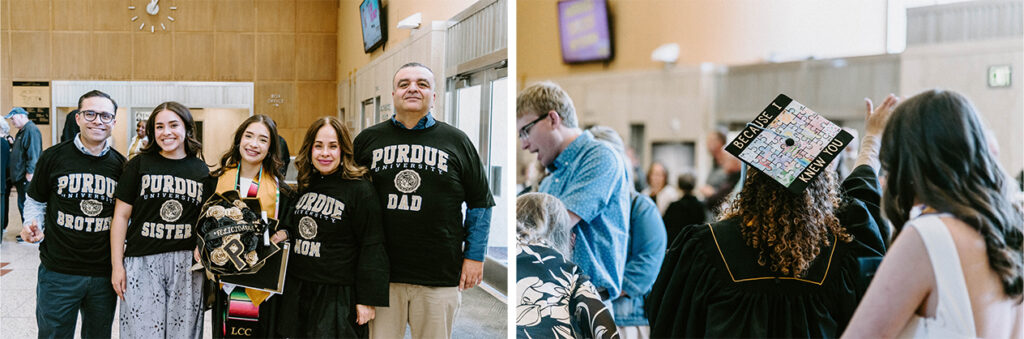 A College of Education graduate and her family of four, each wearing Purdue shirts; A graduation cap with the phrase "Because I Knew You" adorned with puzzle pieces.