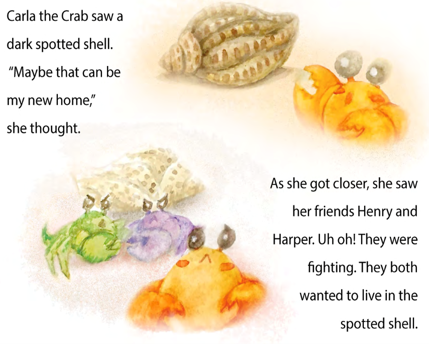 A short excerpt from an English children's book with accompanying graphics of colorful crabs. 
