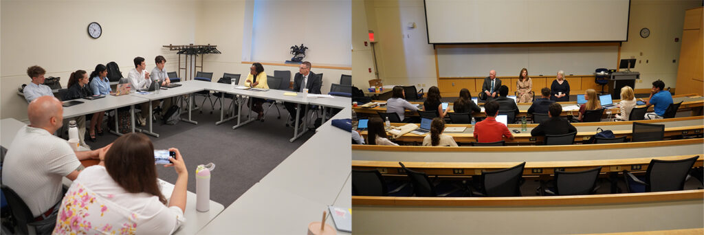 Two photos of a small group of students seated in a classroom with Indiana judges at the front of the room.